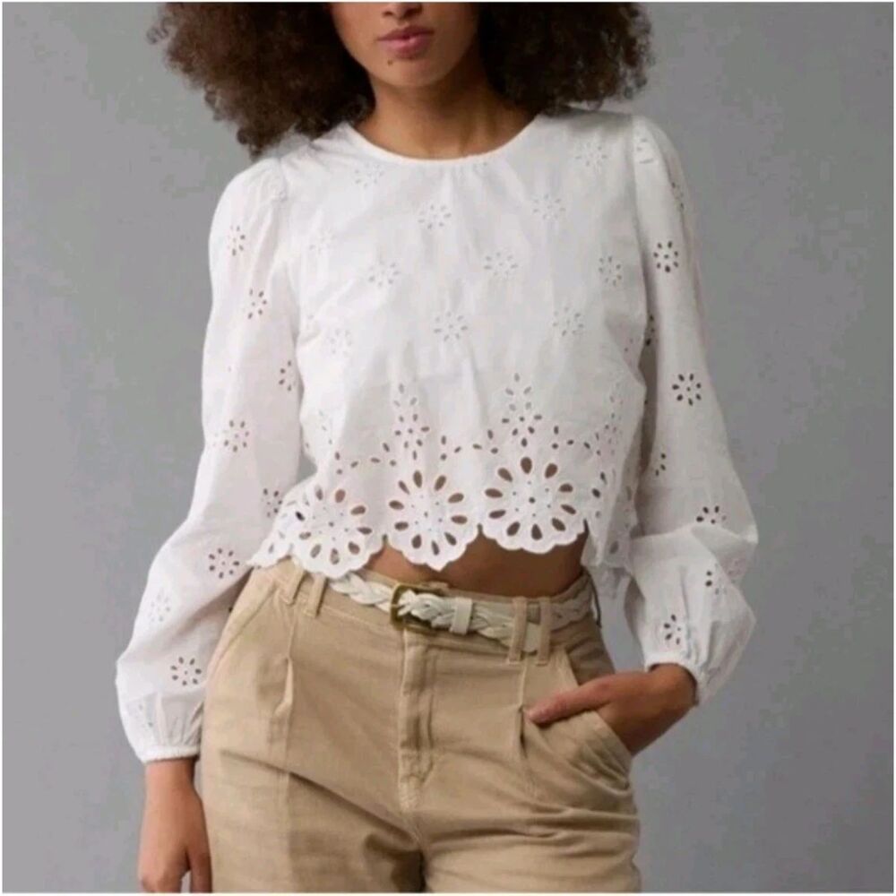 American Eagle Embroidered Eyelet Top Sz Medium Puff Sleeve Lined Scalloped Crop